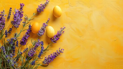 Fototapeta premium Easter theme with lavender flowers on a yellow backdrop