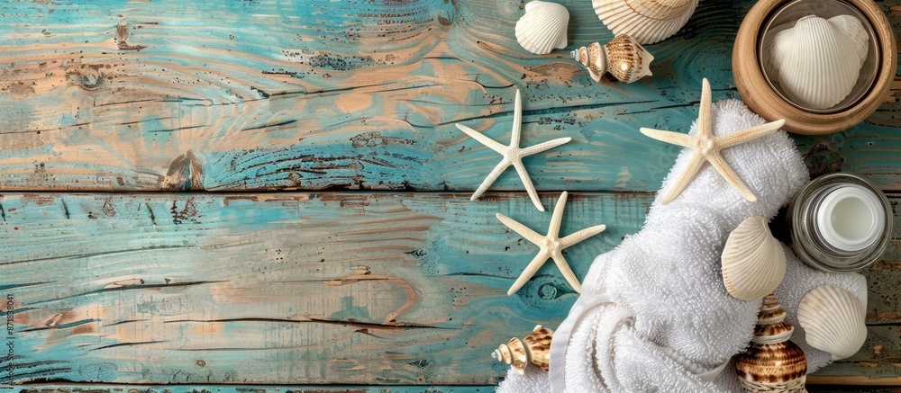 Aufkleber Beach essentials displayed on a rustic wooden surface with copy space image.