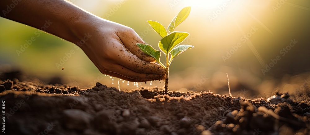 Poster planting a tree requires watering a young sapling by hand in warm sunlight with copy space image.
