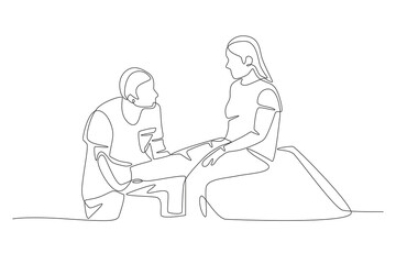 Doctor examining a patient's wound. Care jobs concept one-line drawing