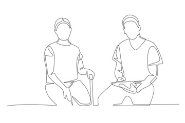 Doctor and patient carrying out an examination. Care jobs concept one-line drawing
