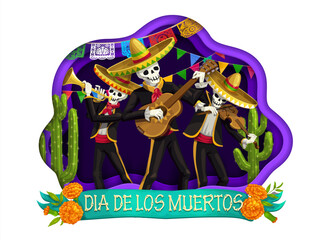 Fototapeta premium Mexican day of the dead dia de los muertos paper cut with skeleton mariachi musicians and marigold flowers. Vector traditional festive papercut art with skeleton artists, papel picado flags, tagetes