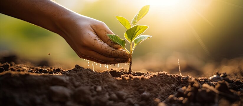 Planting a tree requires watering a young sapling by hand in warm sunlight with copy space image.