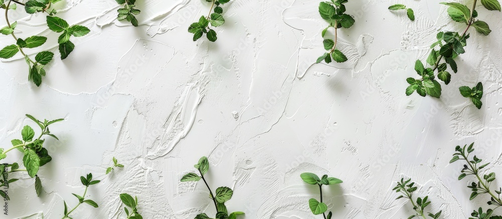 Leinwandbilder a white textured background with mint branches, providing ample copy space in a top view horizontal 