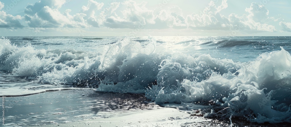 Poster the ocean waves crashing along the shore, complete with a stunning horizon and a copy space image.