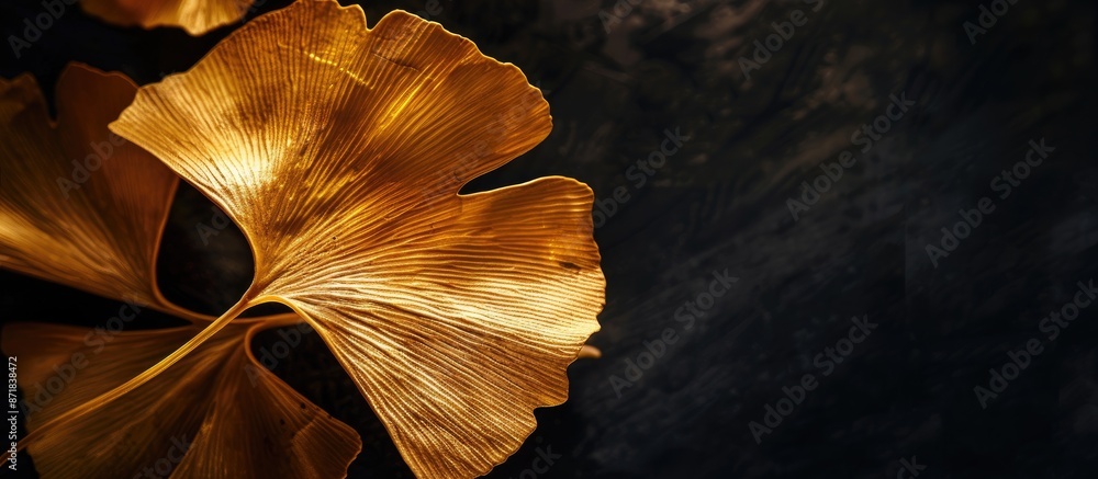 Poster Close-up of an elegant golden ginkgo leaf on a dark background, suitable for a design project that includes copy space image.