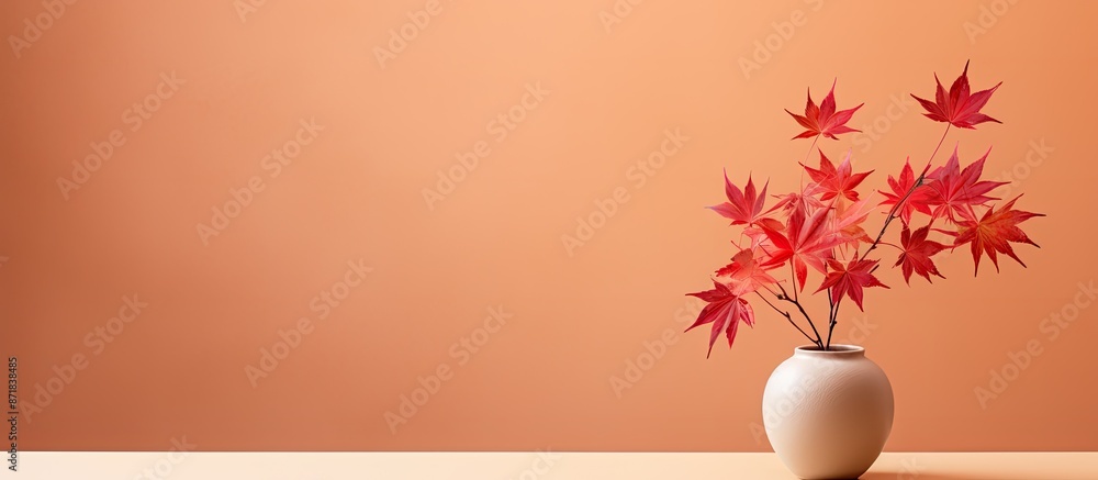 Poster minimalist autumn concept with a vase containing maple leaves, focused on the arrangement with a cop