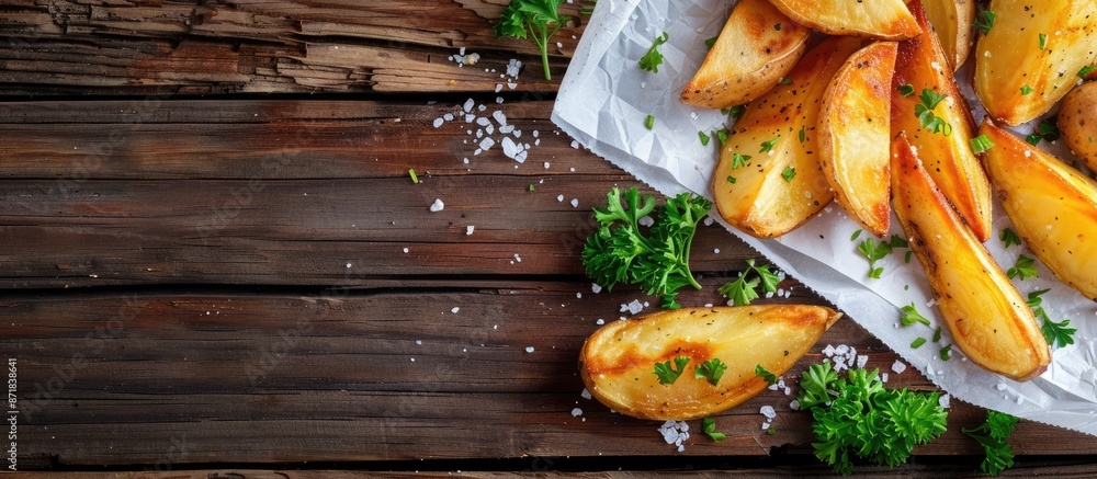 Aufkleber top-down view of salted and dilled potato wedges on white paper against a background of dark wood, w