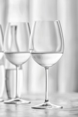 Fototapeta premium Crystal Clear Wine Glasses on Reflective Surface in Monochrome