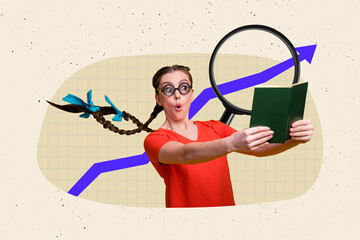 Composite photo collage of astonished girl hold book arrow progress loupe enlarger literature...