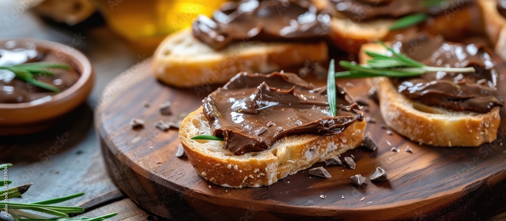 Poster ciabatta slices topped with chocolate spread on an olive wood board with a blurred background for a 