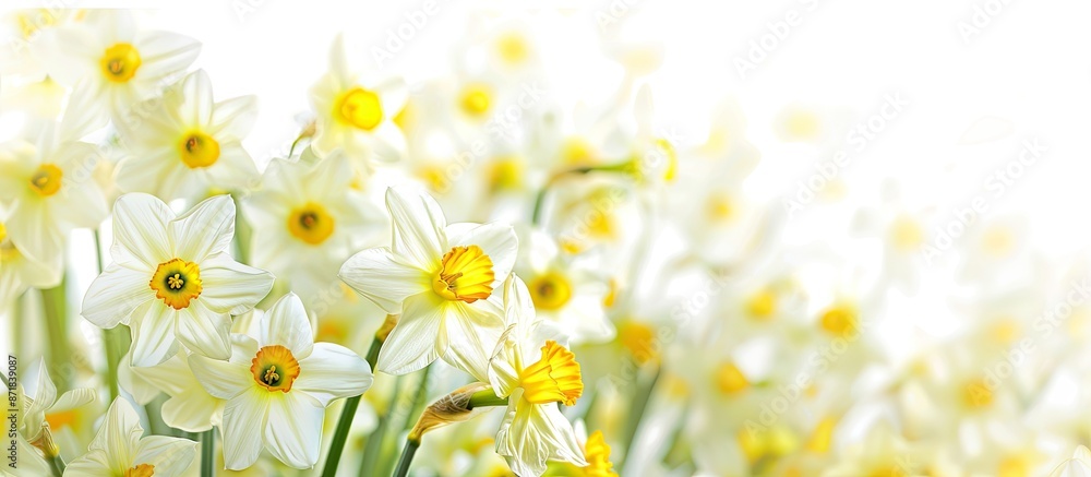 Sticker Dazzling daffodils set against a white backdrop with copy space image.