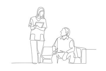 The nurse asks about the patient's complaint. Care jobs concept one-line drawing