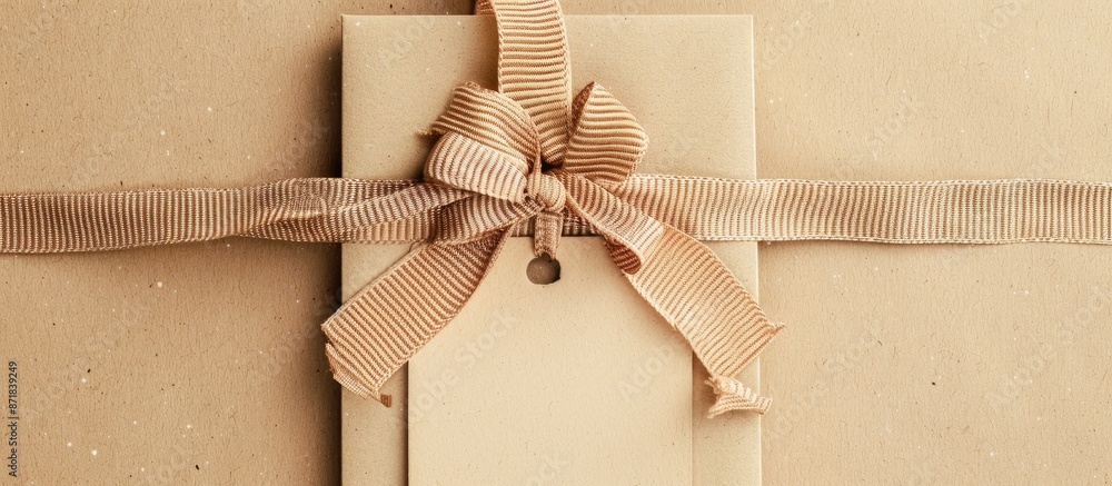 Aufkleber Greeting card with handmade ribbon, bow, and blank tag on kraft paper background for a copy space image.