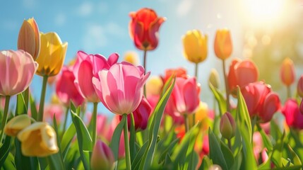 Sunny spring meadow with vibrant tulips natural Easter backdrop