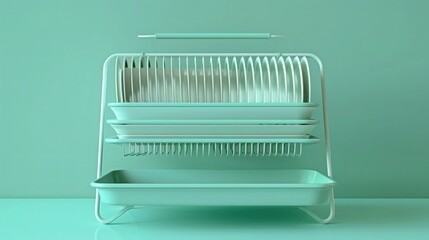Minimalist wire dish drying rack holding plates and trays stands centered against a solid monochromatic mint green backdrop.