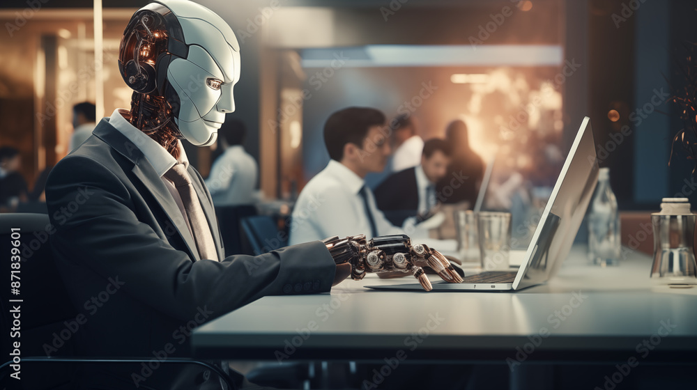 Poster android participates in corporate meeting portrait image. robotics with business environments pictur