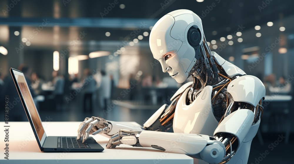Aufkleber robotic figure operates computer in meeting room portrait image. professional settings picture photo