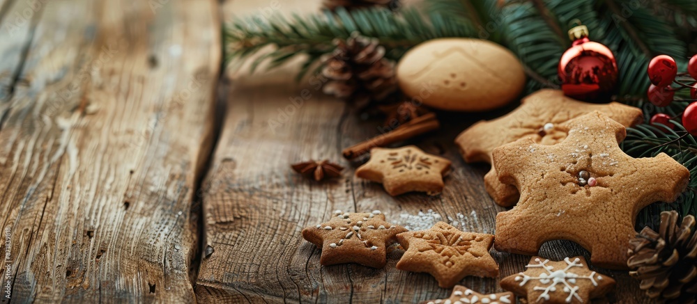 Wall mural Christmas cheer with homemade cookies displayed on an aged wooden table, creating a warm festive ambiance. Happy Holidays! (including 'copy space image')