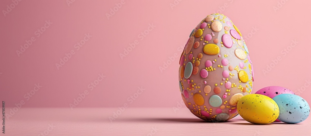 Poster easter-themed large egg made of colorful chocolate eggs, with a simple holiday theme. copy space ima