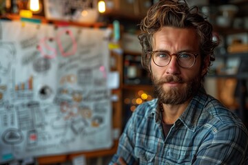 Obraz premium Bearded Man In Plaid Shirt Looking Directly At Camera In A Work Space