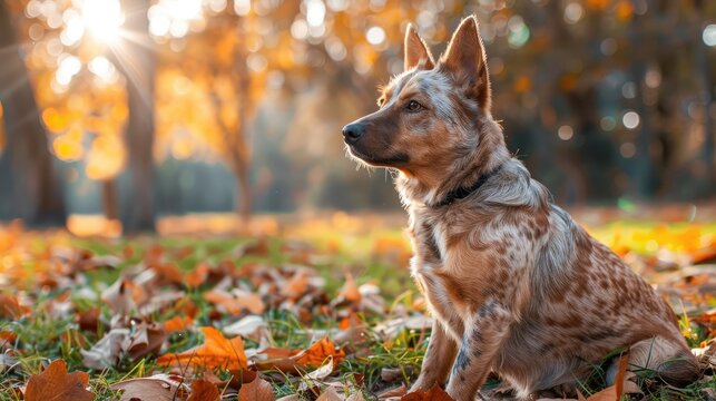 Australian Cattle Dog with red coat in park no one around