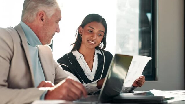 Business people, mentor and documents for planning, conversation and report for financial income. Teamwork, consultant and broker with report, meeting and cooperation with support, coaching and pc