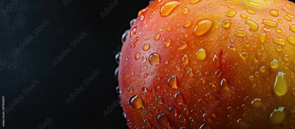 Poster close-up of a mango with water droplets against a black backdrop, offering ample copy space for a te