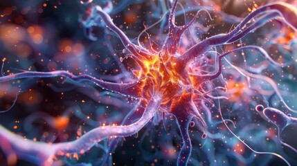 A comprehensive 3D model of a neuron, with a focus on the biomedicine concept and detailed depiction of its synapses and cellular structure. The image captures the complexity of the nerve cell and