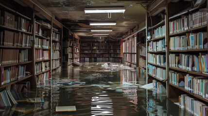 Obraz premium 豪雨による浸水した図書館