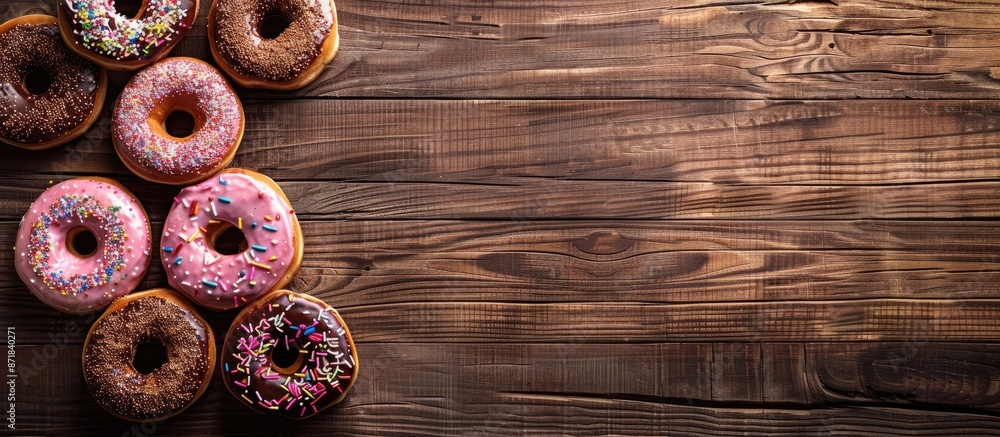 Poster Donuts arranged on a wooden backdrop with space for adding text or elements in the picture - copy space image.