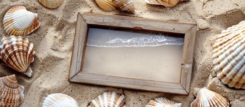 Poster Copy space image of a picture frame set against a backdrop of shells and sand.