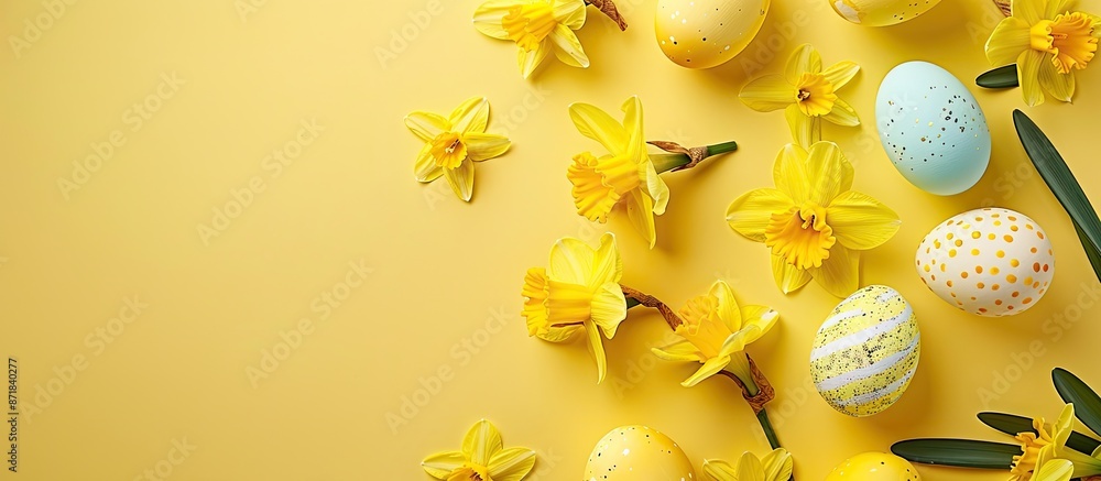 Aufkleber Flat lay composition featuring yellow daffodils and Easter eggs on a matching yellow backdrop with copy space image.