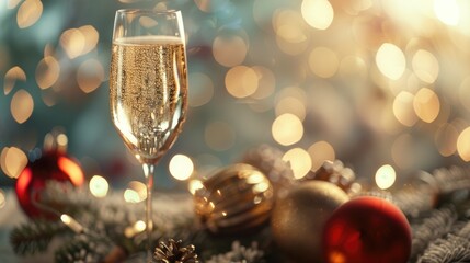Blurred background featuring champagne and Christmas decorations