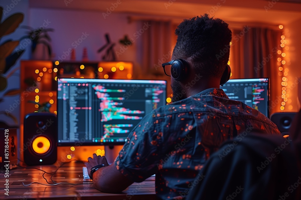 Poster man working on computer with code displayed at night