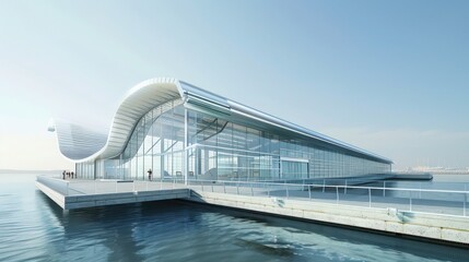 detailed view of a high-speed ferry terminal, its structure defined by sleek, marine-grade aluminum siding to withstand the harsh coastal environment