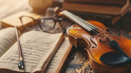 Naklejka premium violin and old music books on wooden table, vintage toned photo.