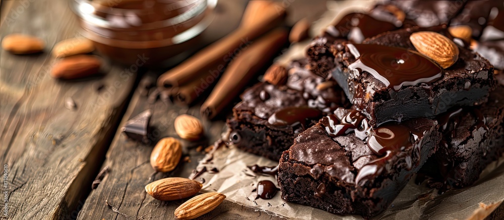 Poster close-up image featuring homemade dark chocolate brownies adorned with almond slices and chocolate s