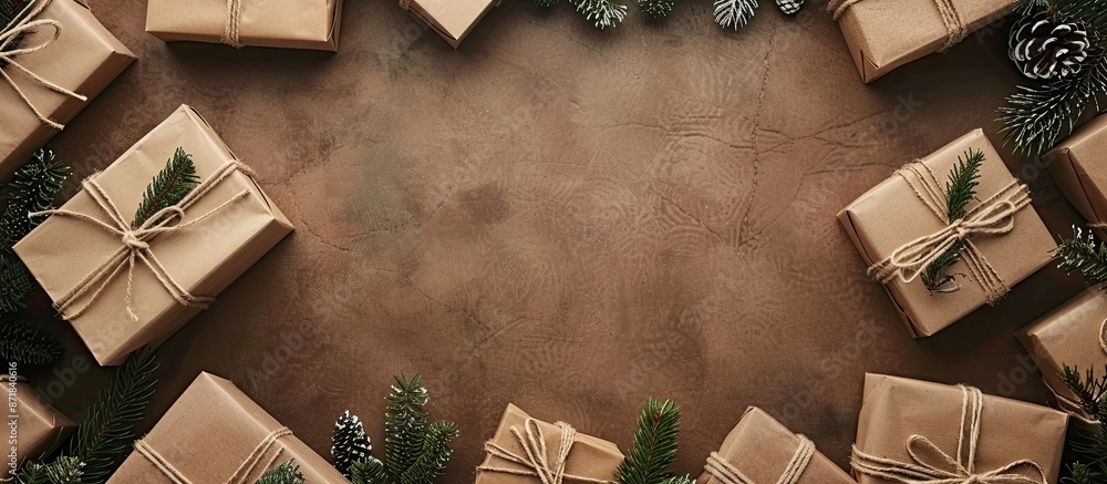 Poster elegant christmas gift box displays arranged on a background of rustic brown paper providing ample c