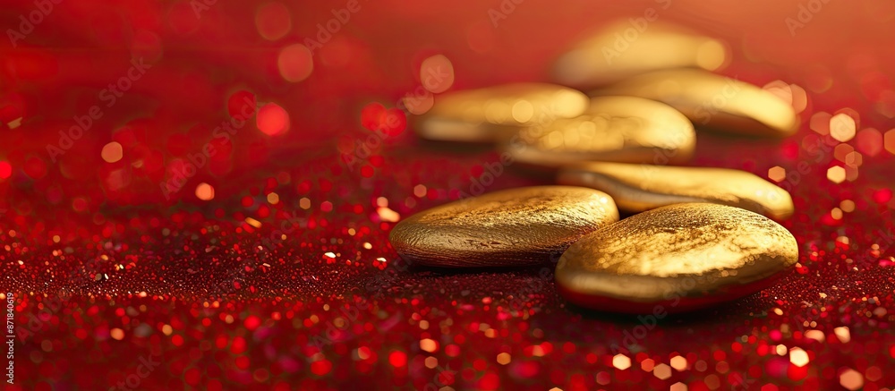 Poster Background of golden stones on a red surface with copy space image.