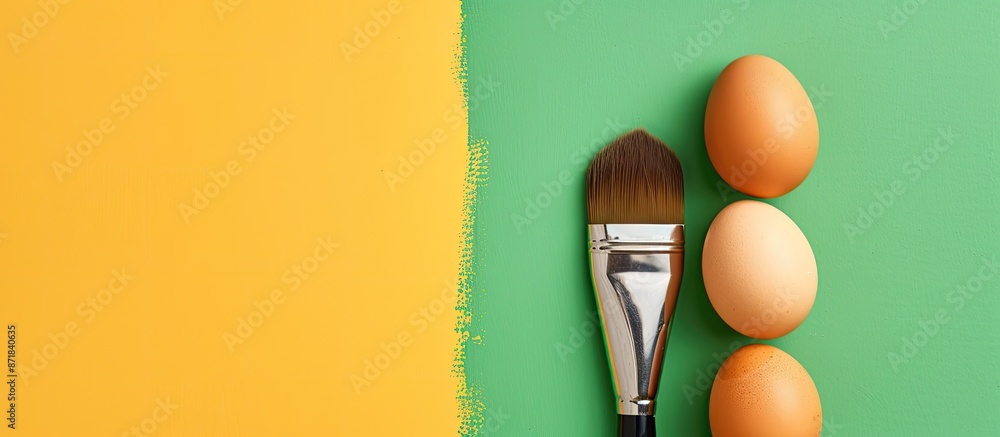 Aufkleber Close-up view of a paint brush with eggs on an abstract yellow and green background with copy space image.