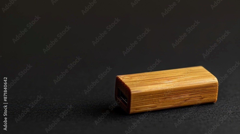 Poster bamboo usb flash drive on black background and space for text side view with close up shot