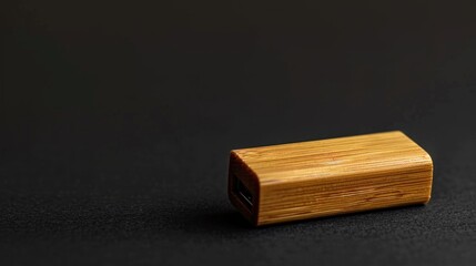 Bamboo USB flash drive on black background and space for text Side view with close up shot