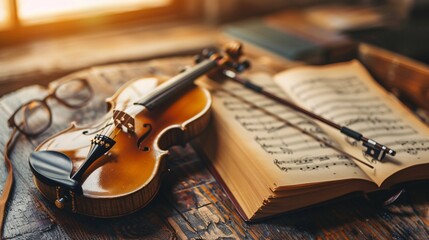 Fototapeta premium violin and old music books on wooden table, vintage toned photo.