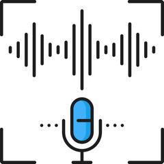 Voice recognition, biometric identification or verification icon. ID security technology, identity biometric recognition or digital identification outline vector icon with microphone and sound waves