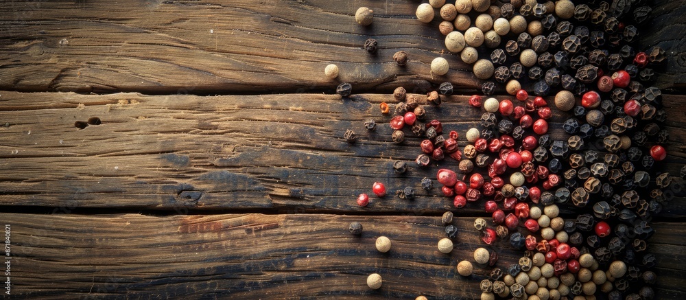 Poster Flat lay of various peppercorns on a wooden table with copy space image available.