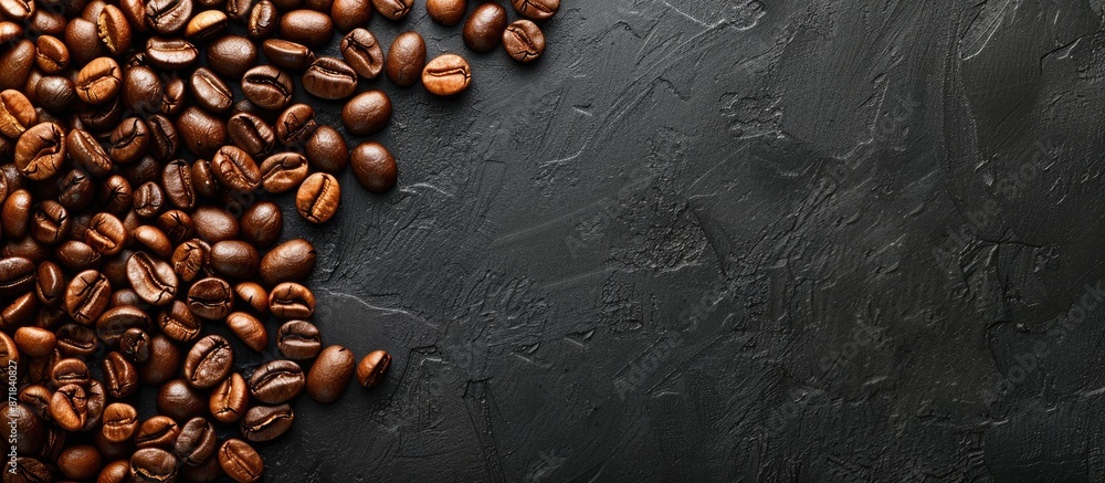 Poster coffee beans spread out on a black table with copy space image.
