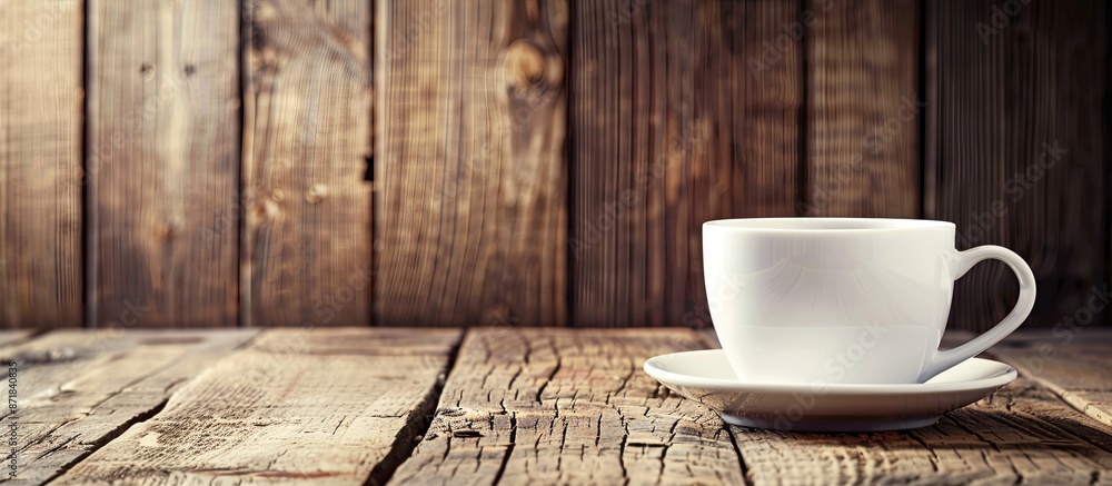 Poster coffee cup on a wooden table with ample copy space image.