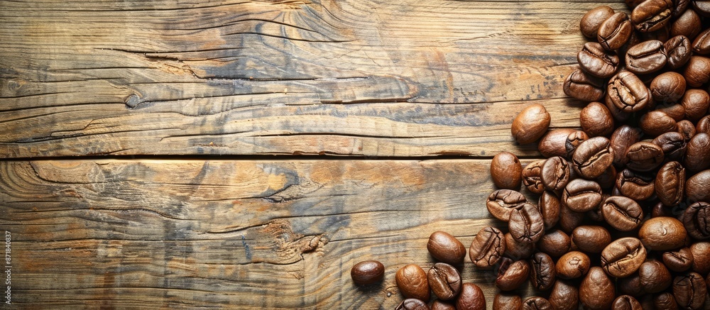 Aufkleber Coffee beans displayed on a rustic wooden surface, with open area for additional content known as a copy space image.