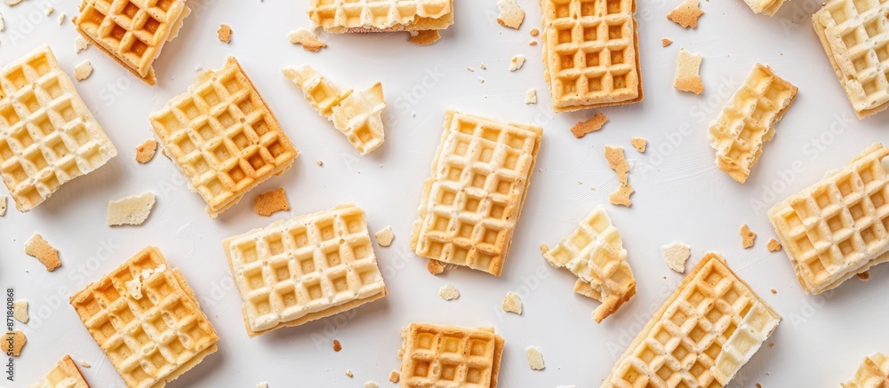 Poster Crispy wafers arranged on a white surface with space for text or images, seen from above. image with copy space